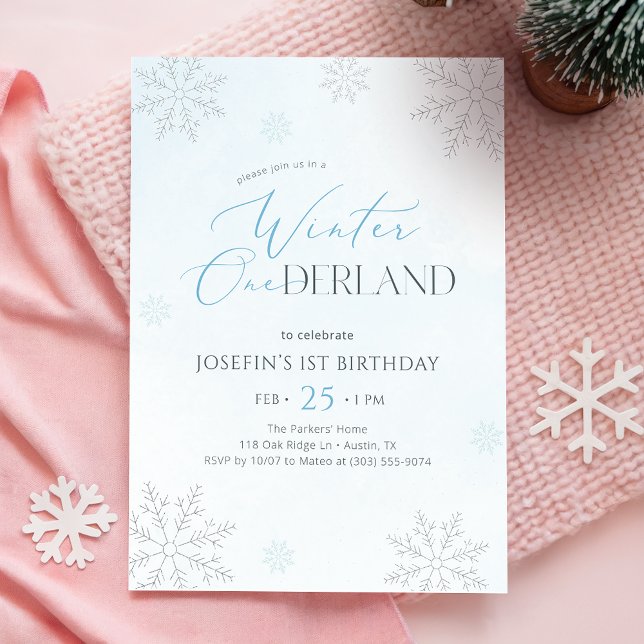 Vinter Onederland Silverblå Glitter 1-årsdag Inbjudningar (Skapare uppladdad)