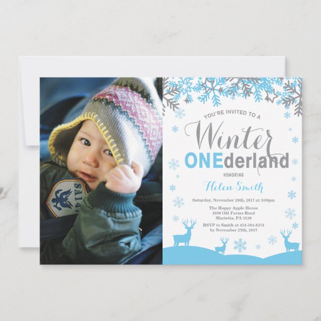 Vinter Onederland Snöflinga Pojke 1-års Födelsedag Inbjudningar (Framsida)