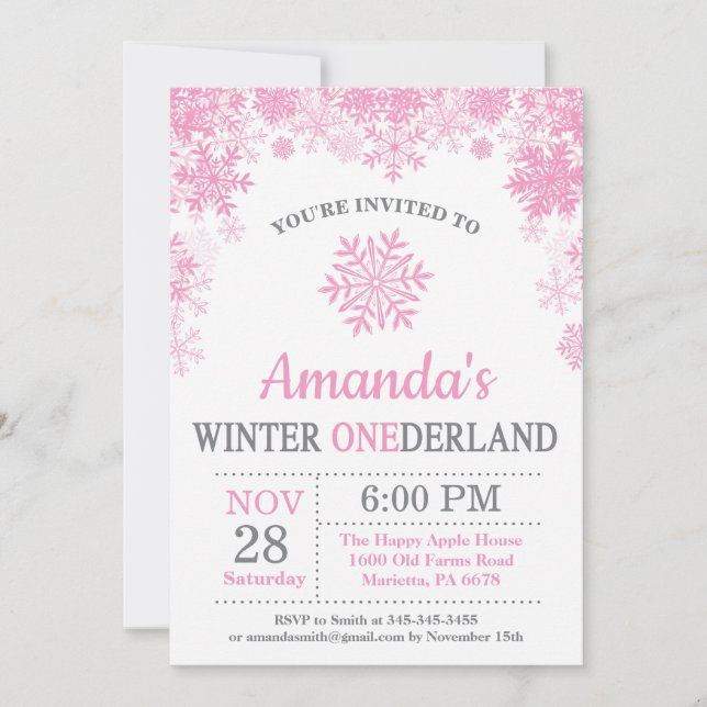 Vinter Onederland Snöflinga Rosa Flicka 1-årsdag Inbjudningar (Framsida)