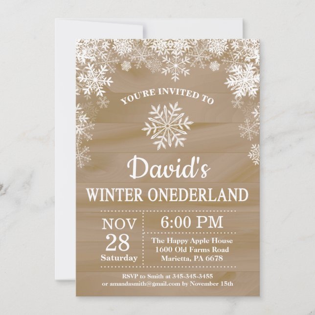 Vinter Onederland Snöflinga Rustik 1-års födelseda Inbjudningar (Framsida)