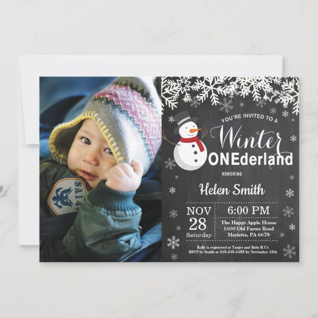 Vinter Onederland Snömannen 1-årsdag Inbjudningar (Framsida)