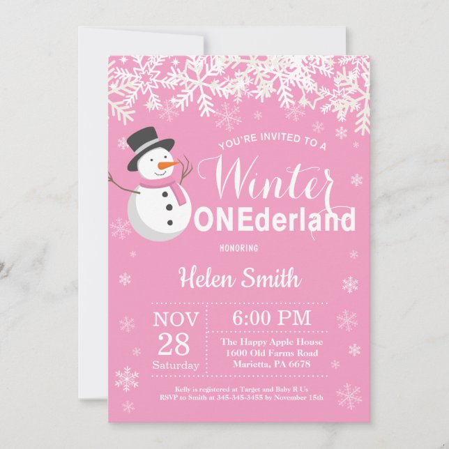 Vinter Onederland Snömannen Flicka 1-årsdag Inbjudningar (Framsida)