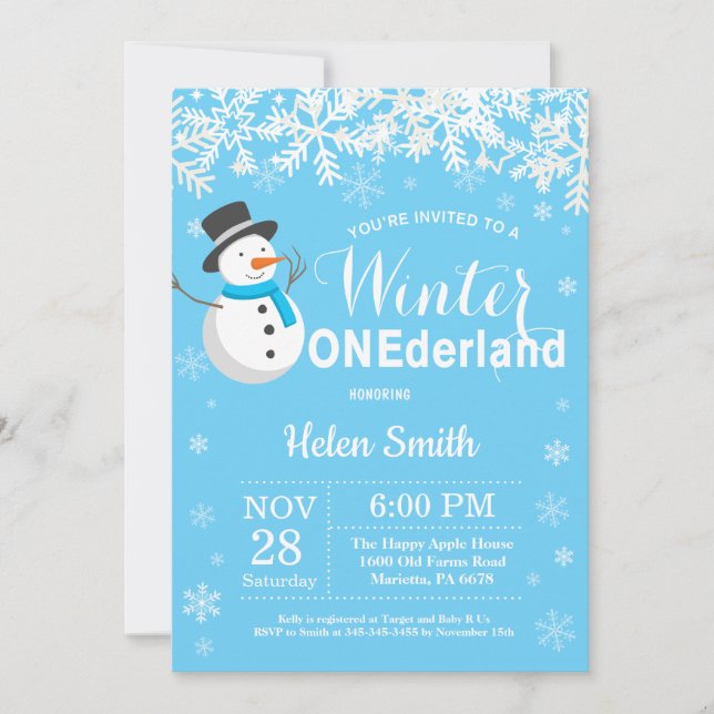 Vinter Onederland Snömannen Pojke 1-årsdag Inbjudningar (Framsida)