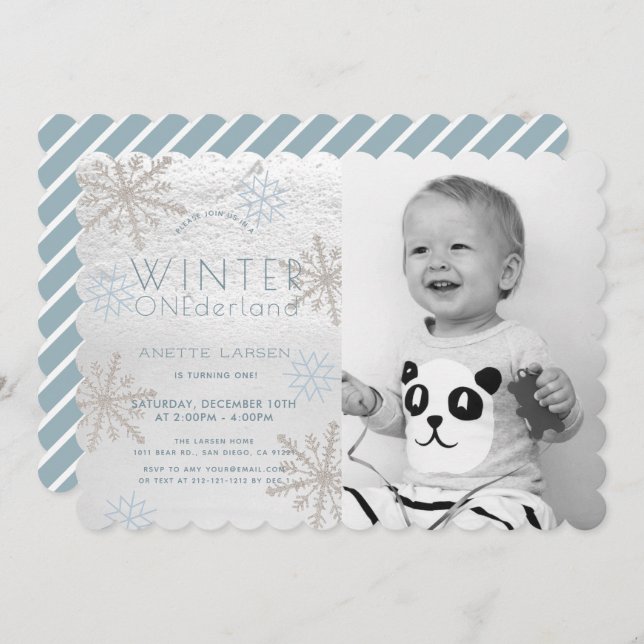 Vinter Onederland Snowflake Blue Photo1st Birthday Inbjudningar (Fram/baksida)