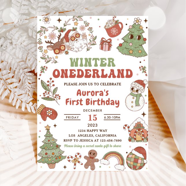 Vinter Onederland Söt Groovy Tomte Födelsedagsfest Inbjudningar (Skapare uppladdad)