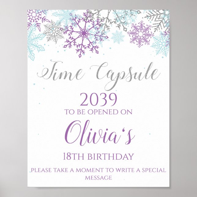 Vinter ONEderland Tidskapsel Skylt Lila Silver (Framsidan)