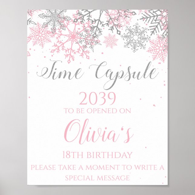 Vinter ONEderland Tidskapsel Skylt Rosa Silver (Framsidan)