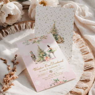 Vinter Onederland Whimsical 1-års födelsedag Brune Inbjudningar