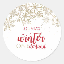 Vinter ONEdernald Röd och Guld Snöflinga Födelseda Runt Klistermärke