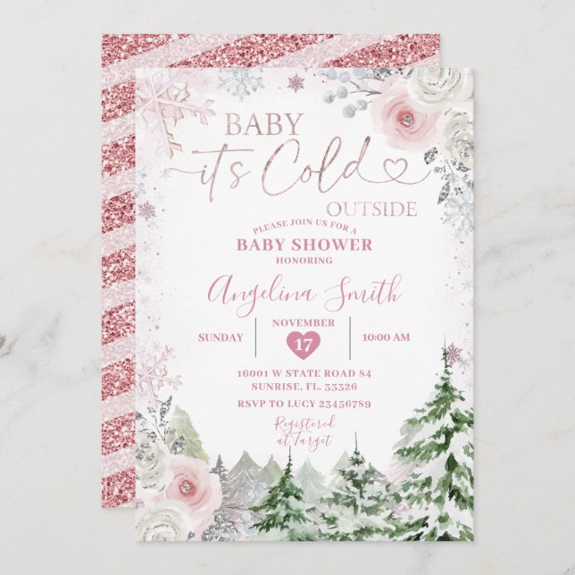 Vinter Pastel Rosa Snowflake Blommigt Baby Shower Inbjudningar (Fram/baksida)