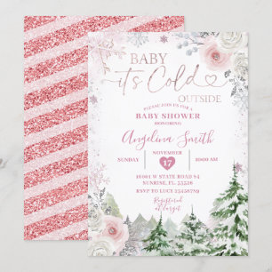 Vinter Pastel Rosa Snowflake Blommigt Baby Shower Inbjudningar