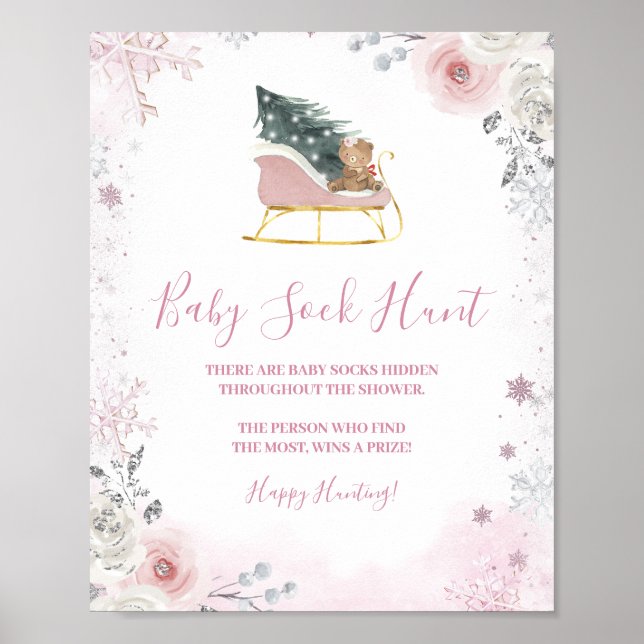 Vinter Pastell Rosa Snöflinga Släd Baby Strumpjakt Poster (Framsidan)