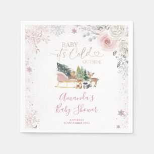 Vinter Pastell Rosa Snöflinga Släd Babyfirande Pappersservett