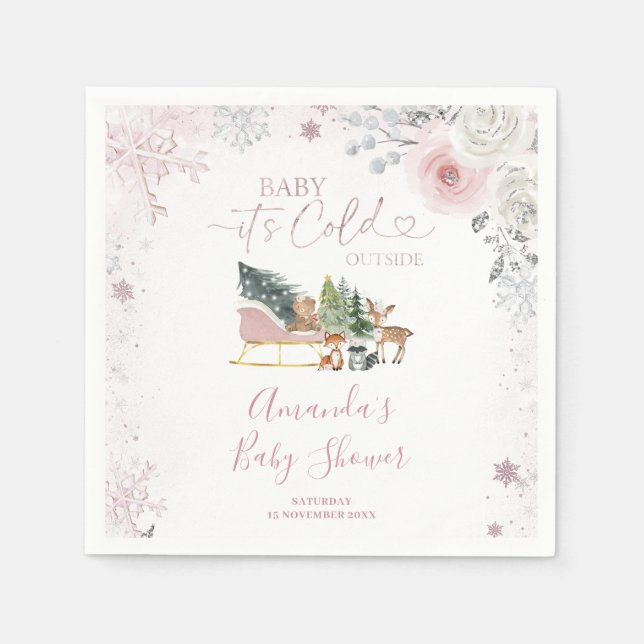 Vinter Pastell Rosa Snöflinga Släd Babyfirande Pappersservett (Framsidan)