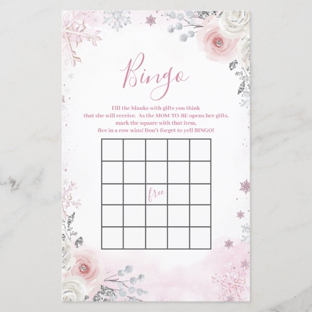 Vinter Pastell Rosa Snöflinga Slädens Bingospel (Framsida)