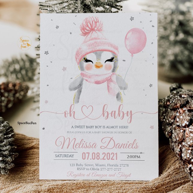 Vinter Penguin-inbjudan till babydusch Inbjudningar (Penguin baby shower invitation girl, penguin baby shower girl, pink penguin baby shower invitation, )