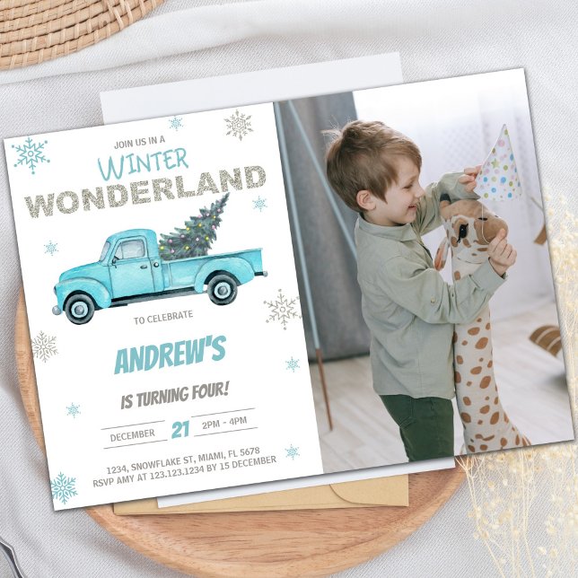 Vinter Photo Wonderland Lastbil födelsedag Inbjudningar (Winter Photo Wonderland Truck Birthday Invitations)