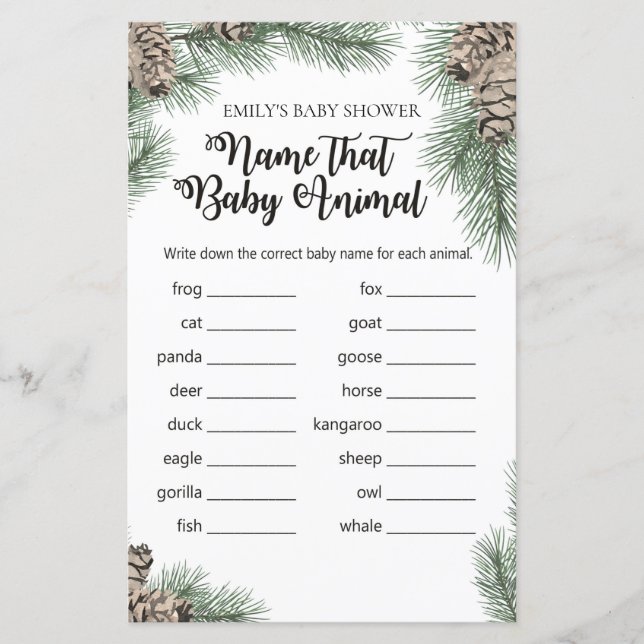 Vinter Pinecone Baby Shower Game with Response (Framsida)