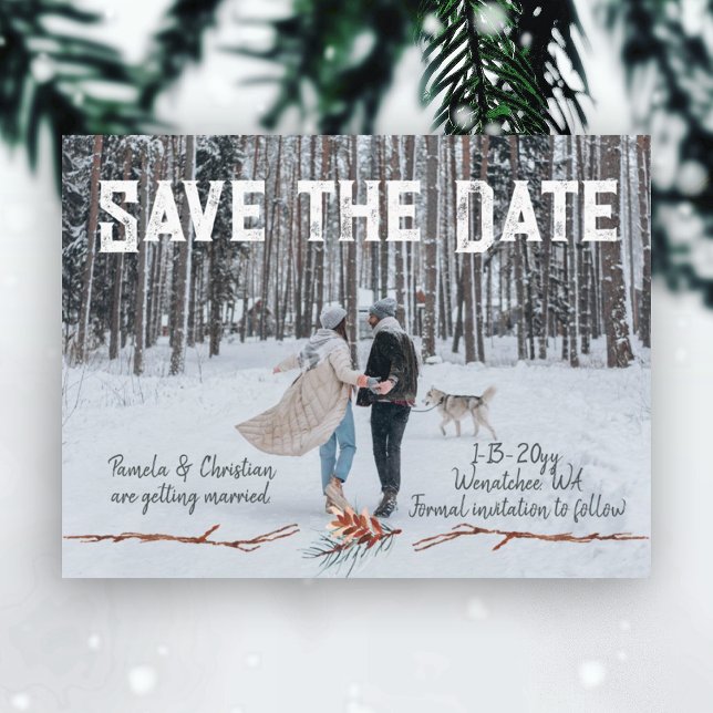 Vinter Pinecone Bröllop Spara-the-Date Postcard Vykort (winter pinecone save the date wedding announcement watercolor pine needles pinecones rustic wedding)