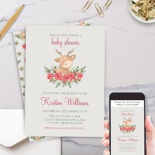 Vinter Poinsettia Cute Little Hjort Baby Shower Inbjudningar