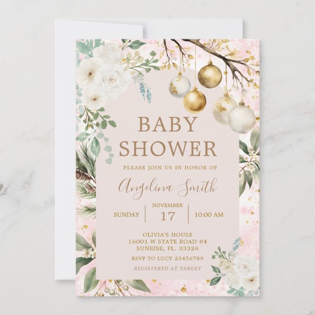 Vinter-prydnadsjulskuvret för babykläder inbjudningar (Framsida)