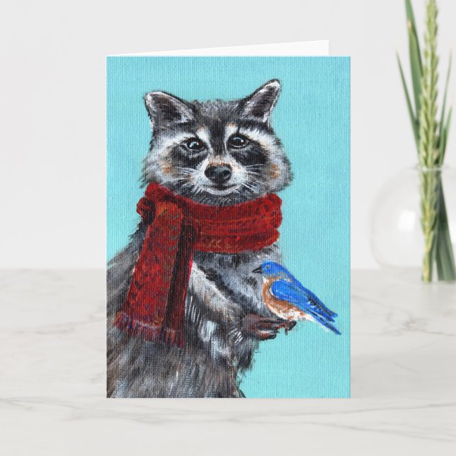 Vinter Raccoon med blåfågel Kort (Framsida)