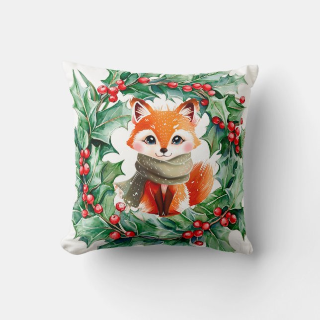 Vinter Red Fox Grönt Berries Baby Shower Gift Kudde (Framsida)