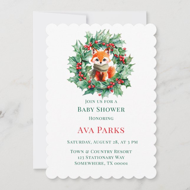 Vinter Red Fox Grönt Berries Baby Shower jul Inbjudningar (Framsida)