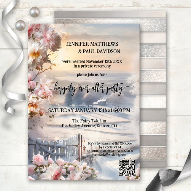 Vinter Ro lyckligtvis efter Bröllop Inbjudningar (Happily ever after wedding party invitation featuring a winter wonderland scene at sunset with roses)