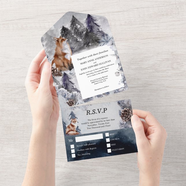 Vinter röd räv land snö bröllop med RSVP All  (Avrivbar del)