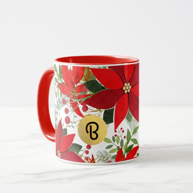 Vinter Röd Vit Guld Poinsettia Jul Anpassad Mugg (Framsida vänster)