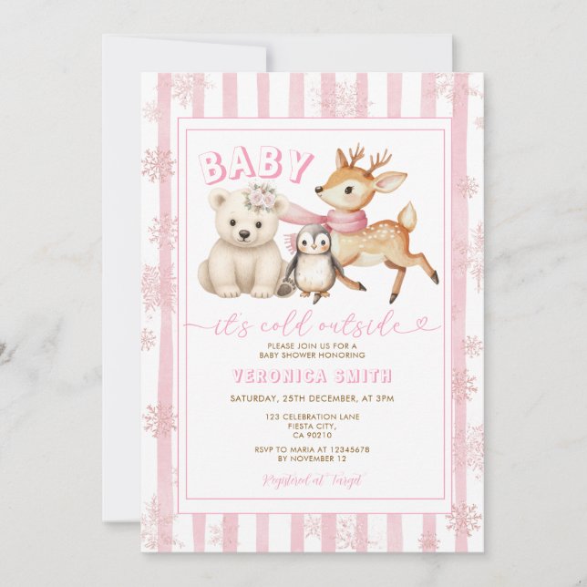 Vinter Rosa Baby Det Är Kallt Utanför Baby Shower Inbjudningar (Framsida)