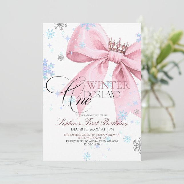 Vinter Rosa Båge 1-års Födelsedagsfest Inbjudningar (Stående Fram)