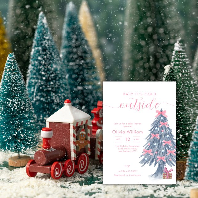 Vinter Rosa Båge Julgran Baby Shower Inbjudningar (Winter Pink Bow Christmas Tree Baby Shower Invitation)