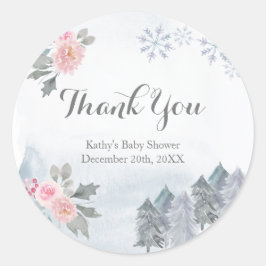 Vinter Rosa Blommig Baby Shower Tack Sticker Runt Klistermärke