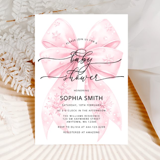 Vinter  Rosa Bow Girl Baby Shower Inbjudningar (Skapare uppladdad)