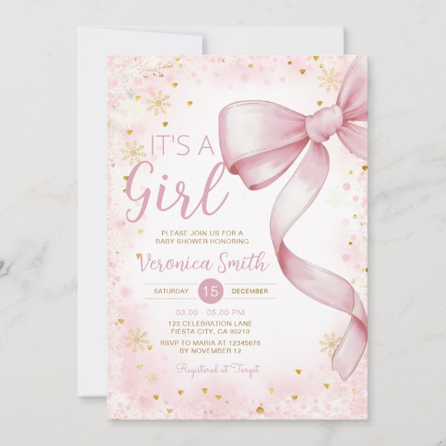 Vinter Rosa Bow themed Girl Coquette Baby Shower Inbjudningar (Framsida)