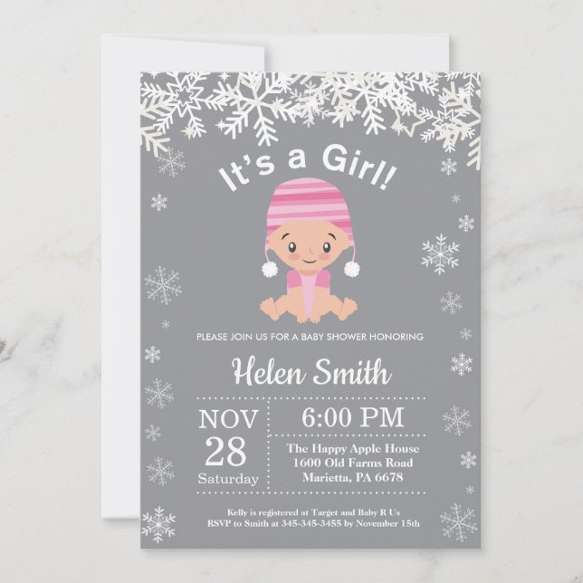 Vinter Rosa Flick Baby Shower Snöflinga Inbjudan (Framsida)