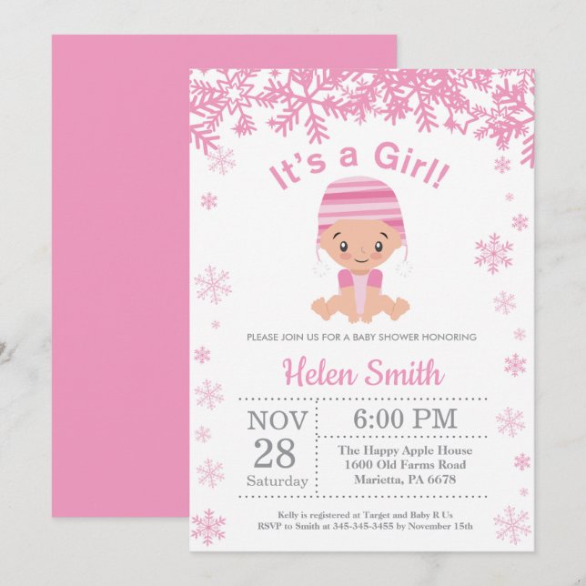 Vinter Rosa Flick Baby Shower Snöflinga Inbjudningar (Fram/baksida)