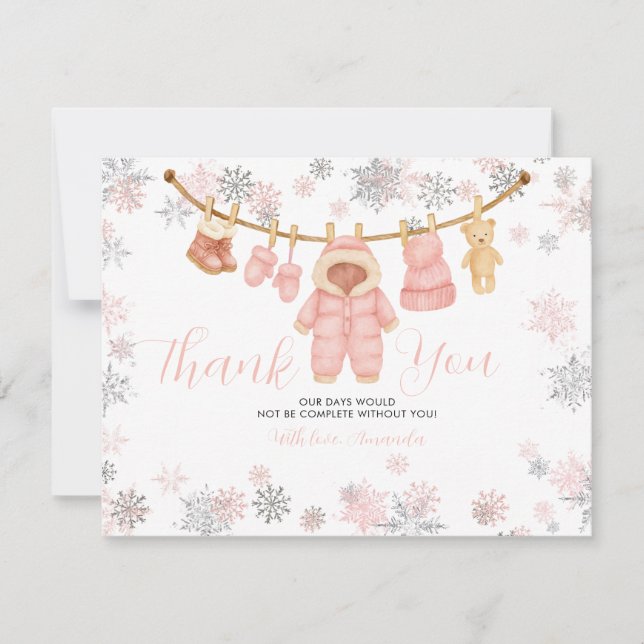 Vinter Rosa Flicka Bebis Shower Snöflingor Tack Kort (Framsida)