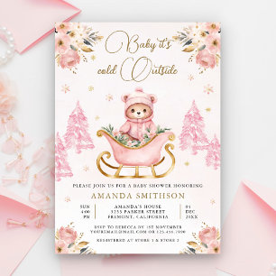 Vinter Rosa Guld Blommig Teddybjörn Baby Shower Inbjudningar