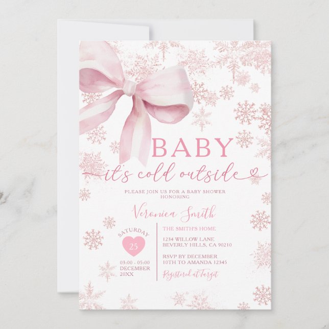 Vinter Rosa Liten Snöflinga Baby Shower Fest Inbjudningar (Framsida)