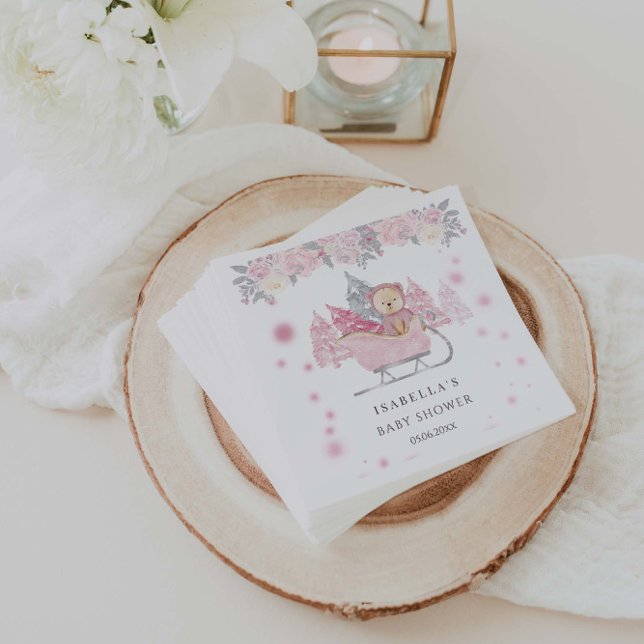 Vinter Rosa Nalle Sleigh Girl Baby Shower Pappersservett (Skapare uppladdad)