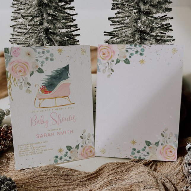 Vinter-Rosa och Guld Sleigh Baby Shower Inbjudningar (Skapare uppladdad)