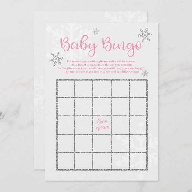 Vinter Rosa och Silver Snöflinga Baby Bingo Inbjudningar (Fram/baksida)