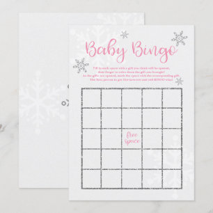 Vinter Rosa och Silver Snöflinga Baby Bingo Inbjudningar