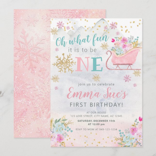 Vinter Rosa Snöflinga Åh Vilken Rolig Första Födel Inbjudningar (Fram/baksida)