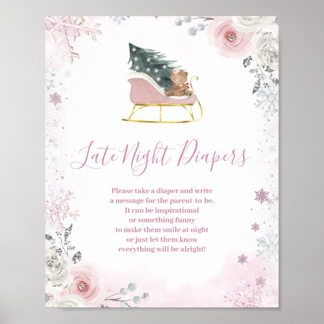 Vinter Rosa Snöflinga Släd Kvällsblöjor Poster (Framsidan)