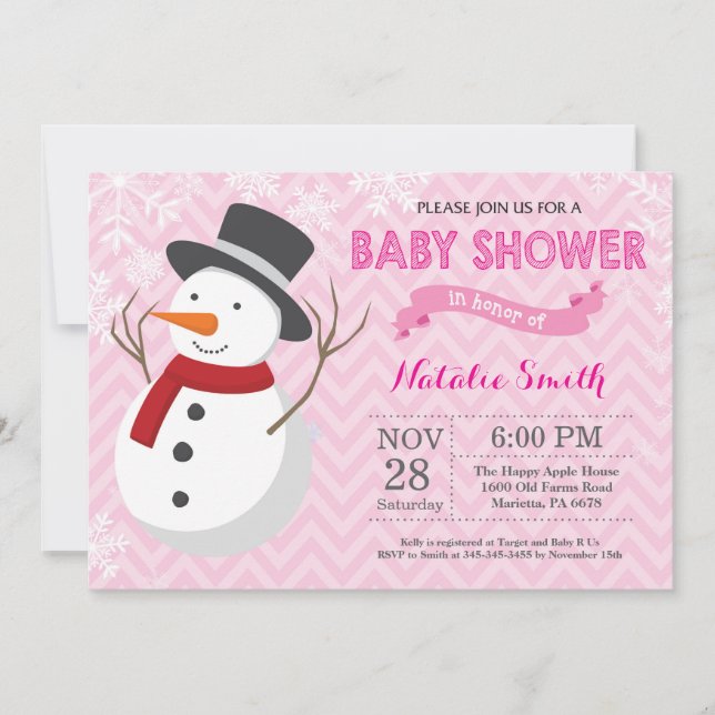 Vinter Rosa Snömannen Flick Baby Shower Inbjudan (Framsida)