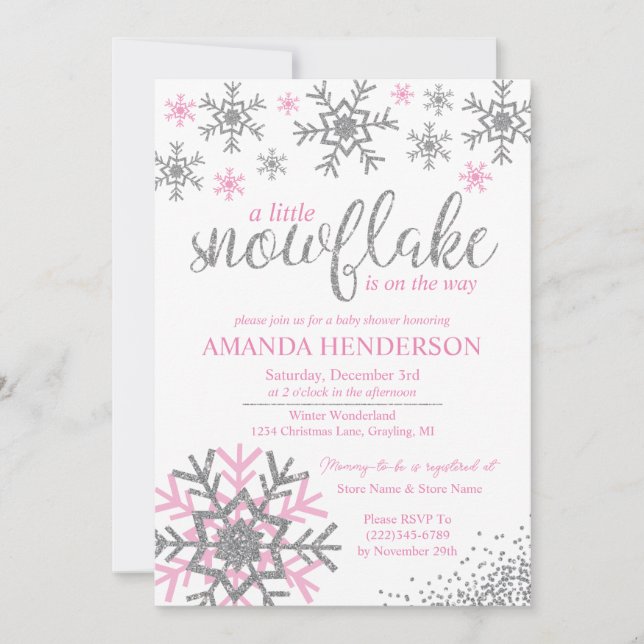 Vinter Rosa Snowflake Baby Shower Inbjudningar (Framsida)